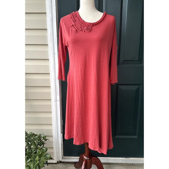 Garnet Hill Sz M Terracotta Dress w/ Embellished Neckline and Asymmetrical Hem - Picture 2 of 7